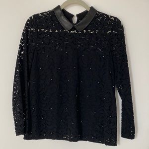 Kooples Lace blouse with leather collar and stud detail